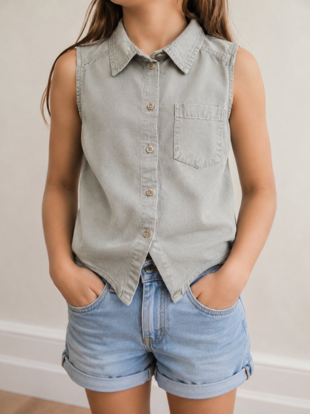 H&M Khaki Tie-Front Sleeveless Top – Girls Size 8
